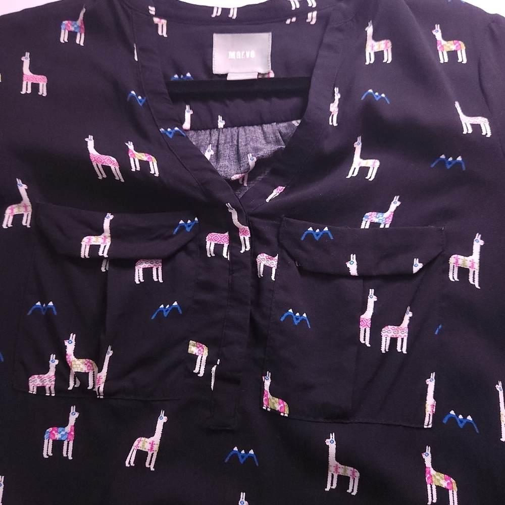 Maeve Llama Print Pullover Henley Black Sz 0P Fun Workwear Office Anthropologie - Picture 4 of 8